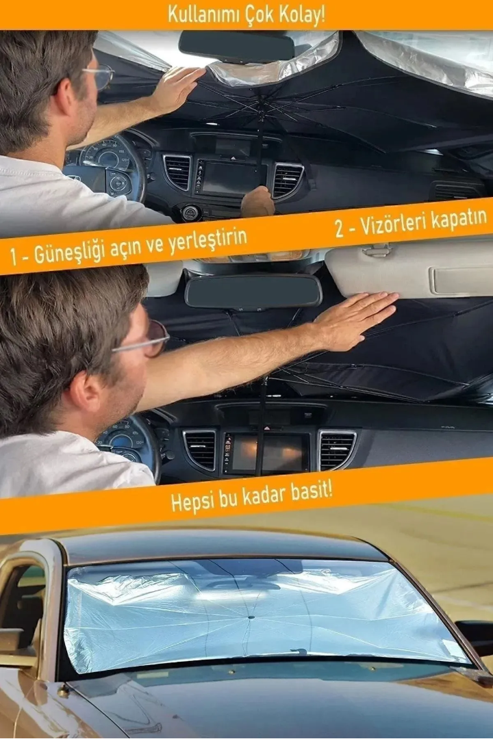 Araç İçi Şemsiye Güneşlik, Katlanabilir UV Koruyucu Ön Cam Güneş Perdesi